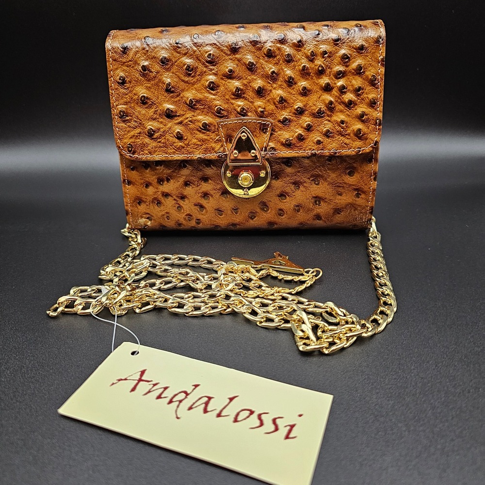 Andalossi Ostrich Embossed Leather Crossbody Flap Chain Shoulder Bag‎ Gold Tan - Picture 12 of 16